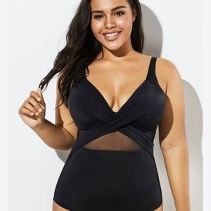 NWT Sexy Black Cut Out Mesh Underwire One Piece Plus Size Swimsuit 2XL